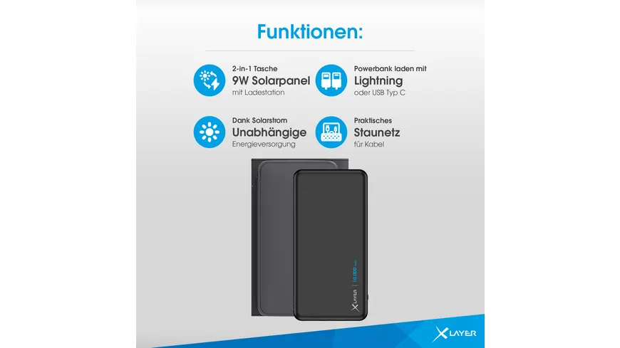 XLayer Powerbank 15W Wireless 10.000 mAh mit 2-in-1 Solarpanel Black