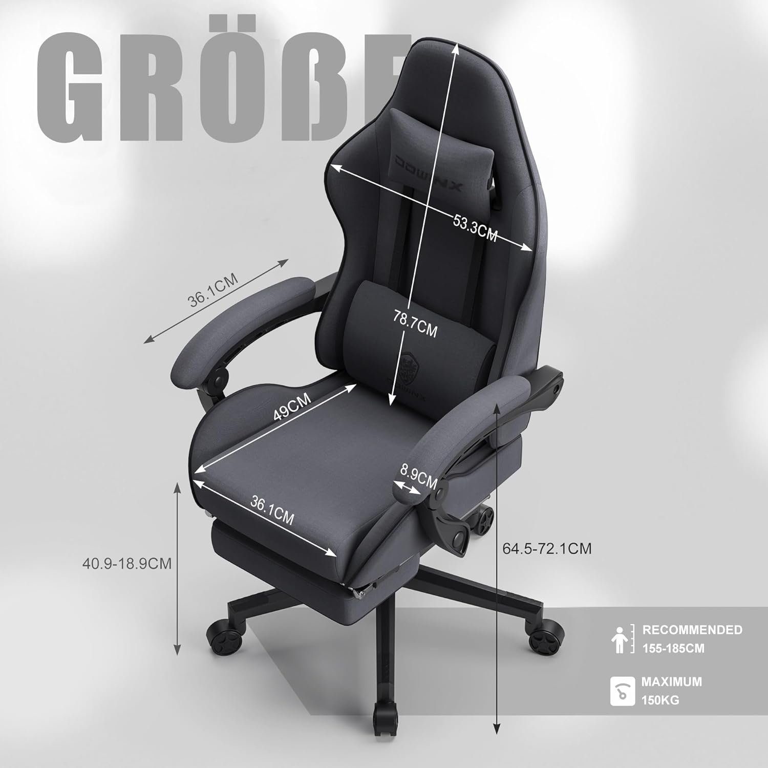 Dowinx Gaming-Stuhl Gaming Stuhl Bürostuhl Ergonomisch, Lendenkissen verstellbar (150 kg Belastbar, Zockerstuhl, Zocker, Sessel Gaming, 1 St), Pc Sessel, Computerstuhl, Computer Stuhl, Zockersessel