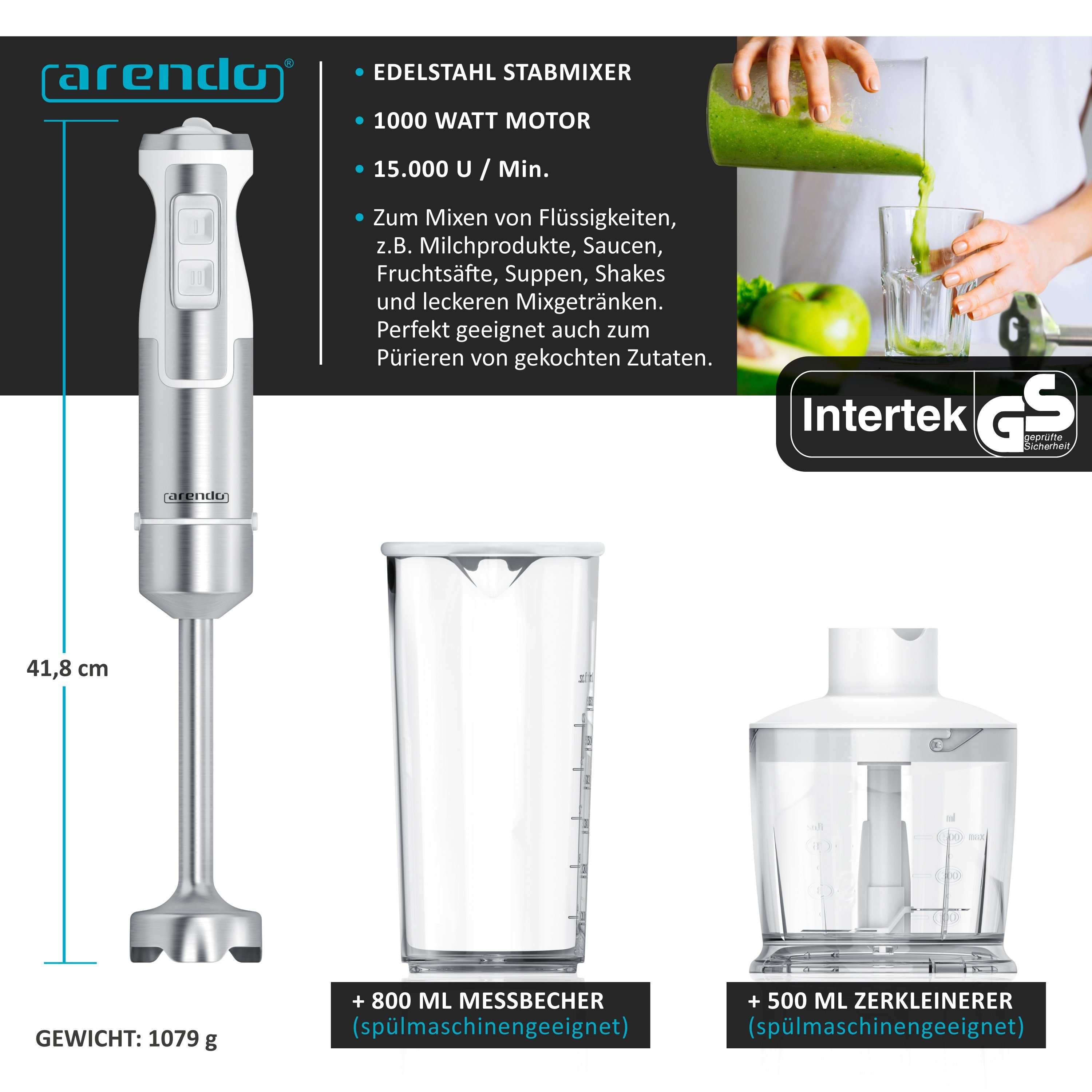 Arendo Stabmixer, 1000 W, Pürierstab Set mit Zerkleinerer & Messbecher, Edelstahl