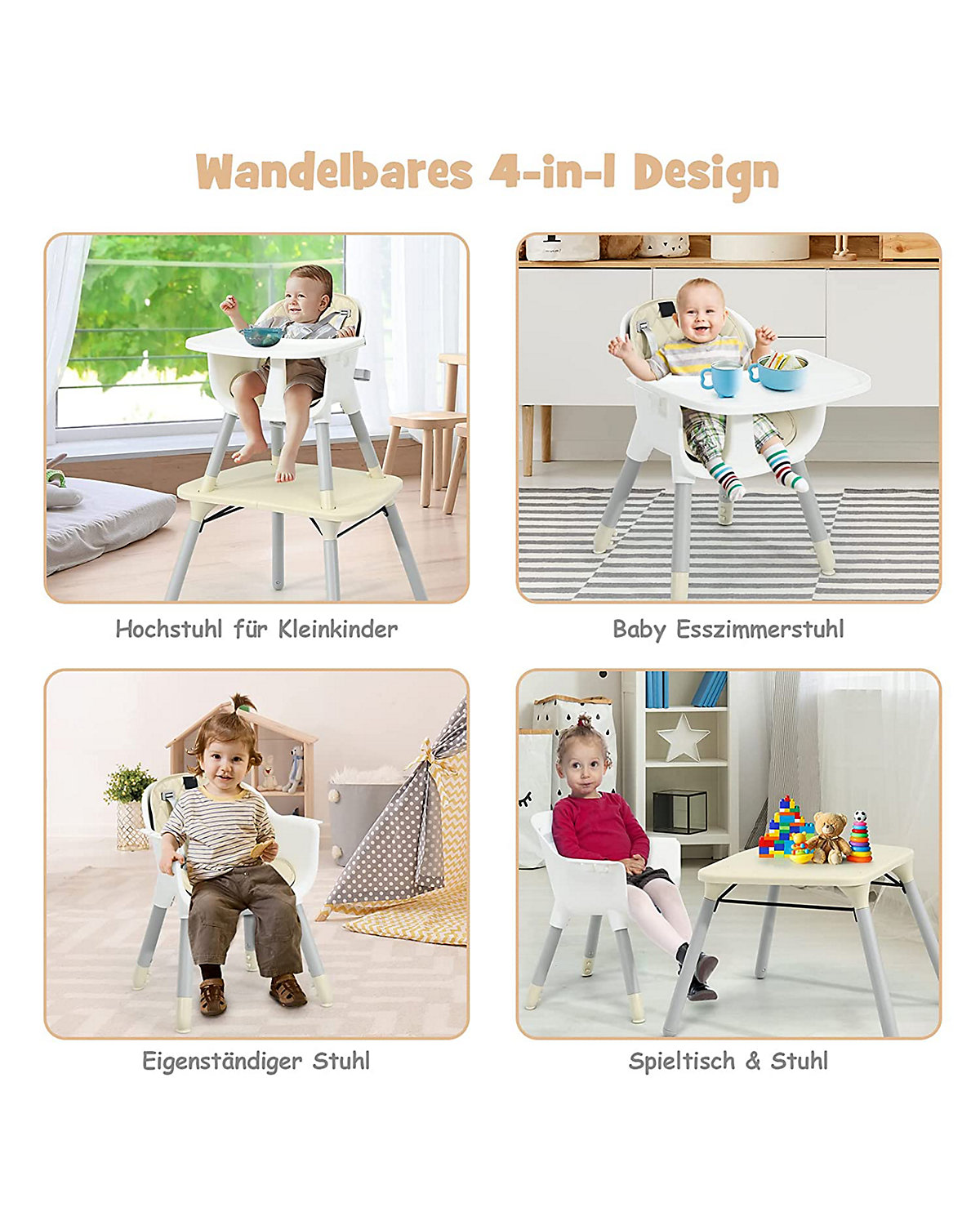 4in1 Baby Hochstuhl mit abnehmbarem & verstellbarem Tablett