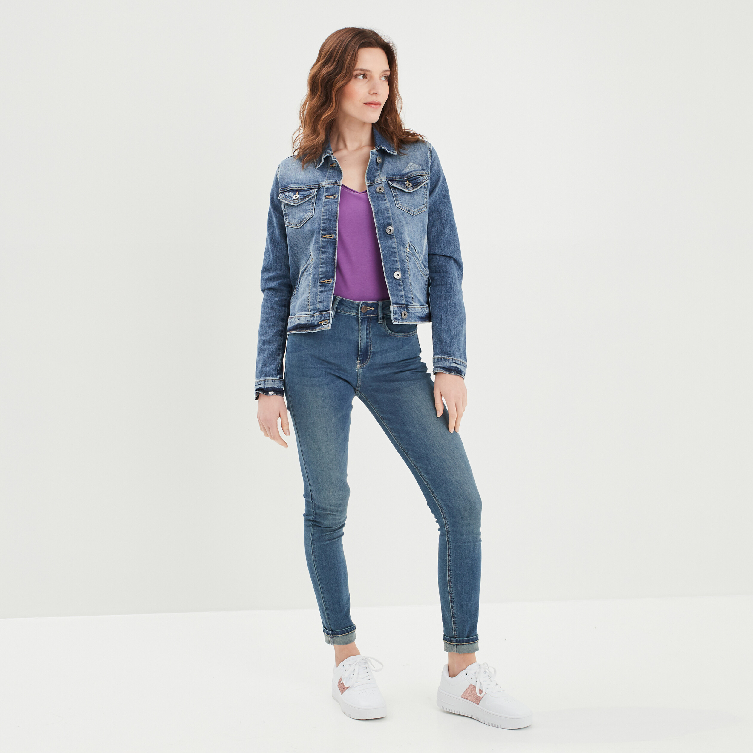 Veste droite boutonnée en jean denim double stone femme | La Halle