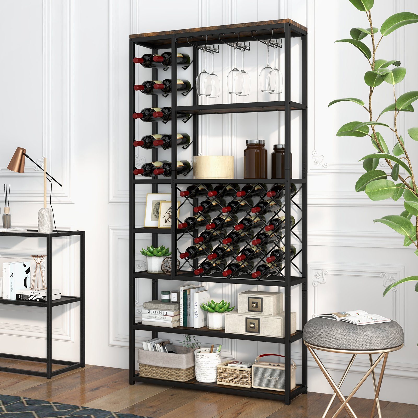 COSTWAY Weinregal, stehend, Metall, für 27 Flaschen, mit Glashaltern & Regal