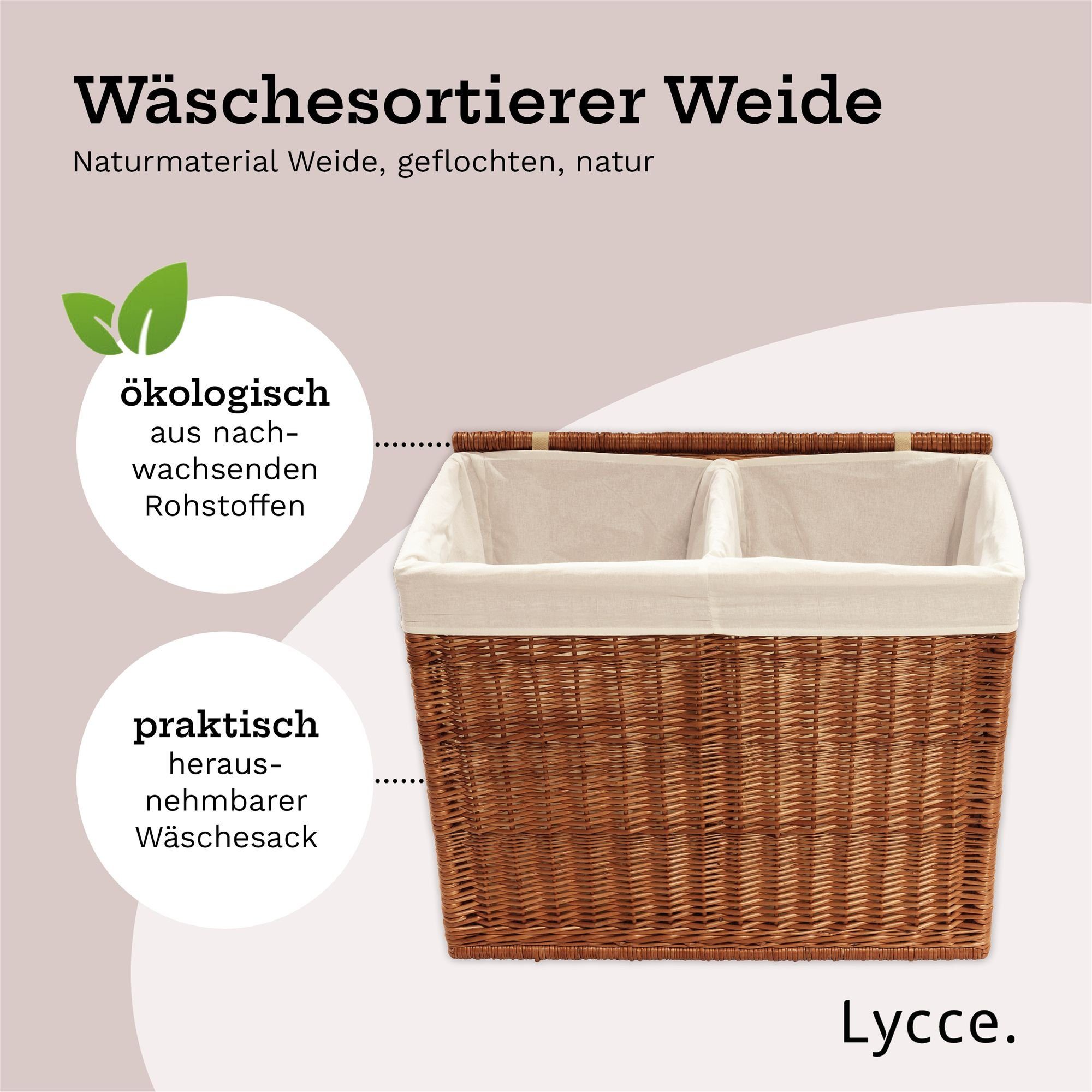 animal-design Wäschekorb, Wäschekorb 2 Fächer 120 l Wäschesortierer Weide natur 67 x 33 x 56 cm