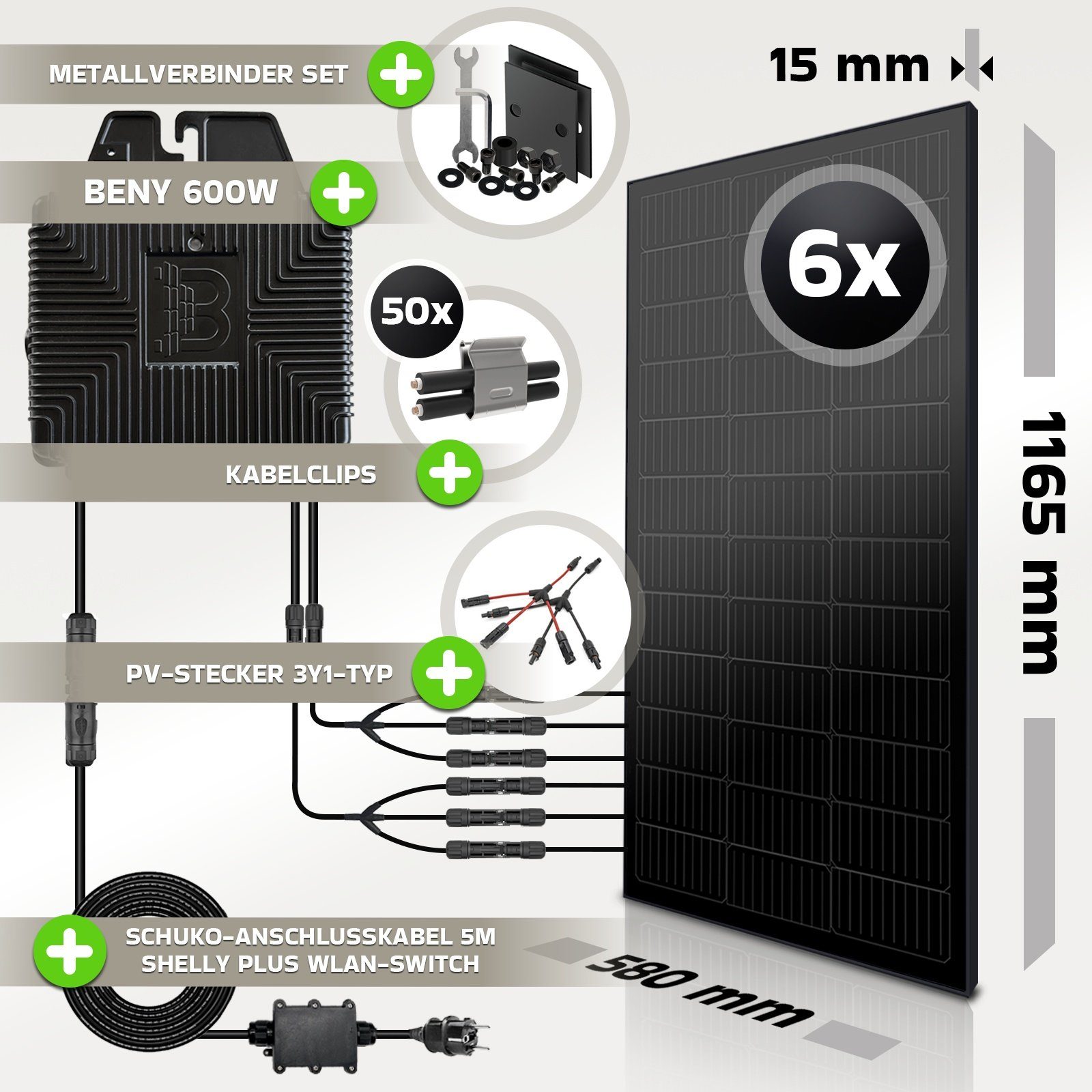SUNNIVA Solaranlage Balkonkraftwerk 840W / 600W Set, Monokristallin, (BENY Wechselrichter Wifi, Solaranlage Komplettset mit 5m Anschlusskabel für Schuko Steckdose), Balkon Mini-PV Anlage genehmigungsfrei, steckerfertig