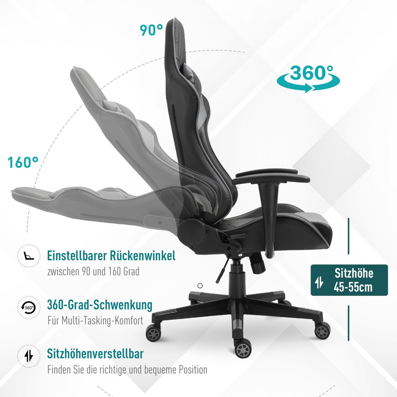 Vinsetto Ergonomischer Bürostuhl Gaming Stuhl Kunstleder Schaumstoff Schwarz