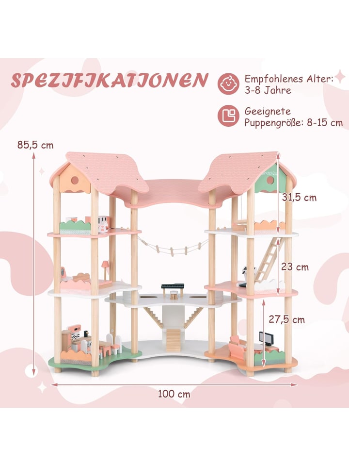 COSTWAY Puppenhaus Holz ab 3 Jahren in Rosa günstig kaufen onesize