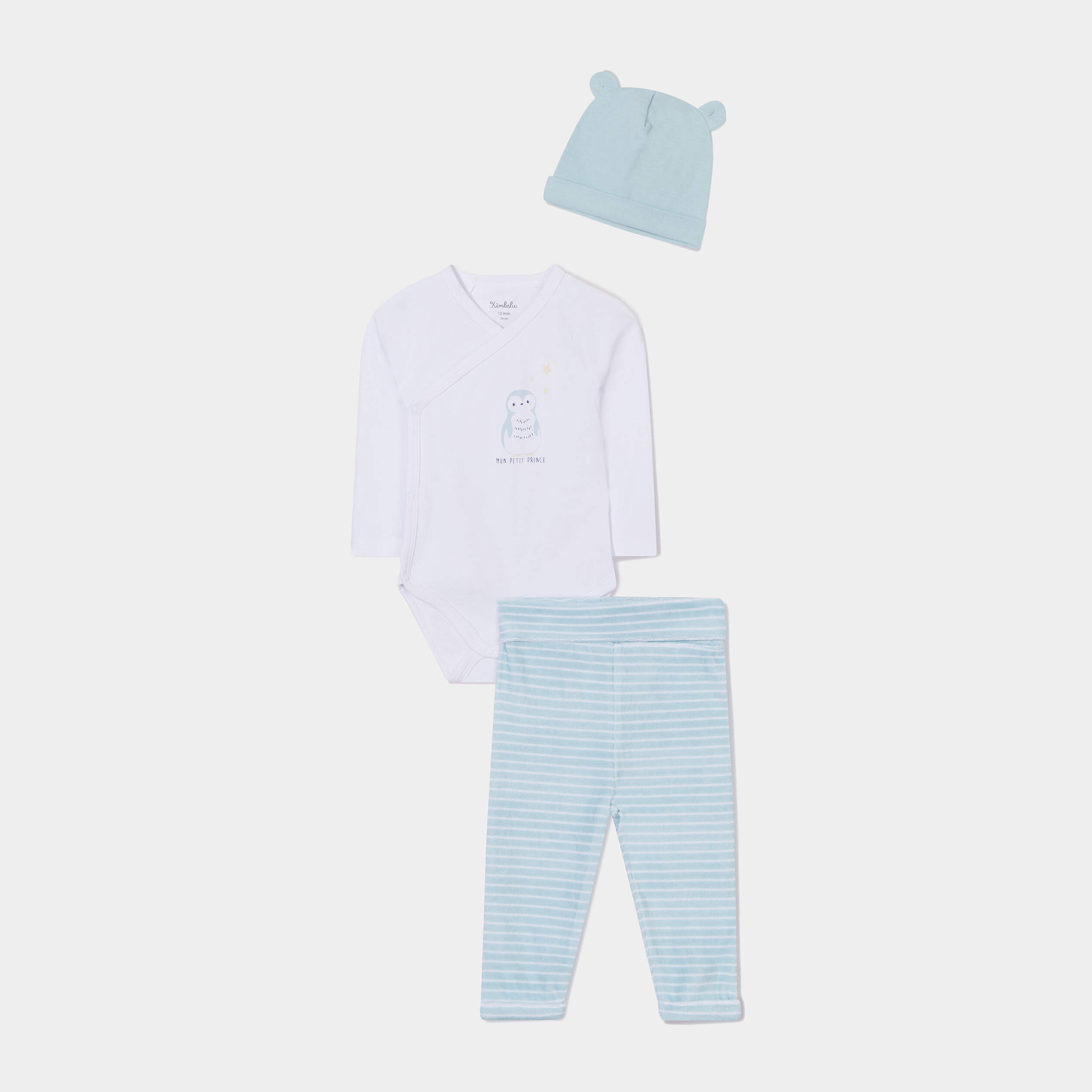 Ensemble 3 pièces body manches longues bleu gris bébé garçon | La Halle