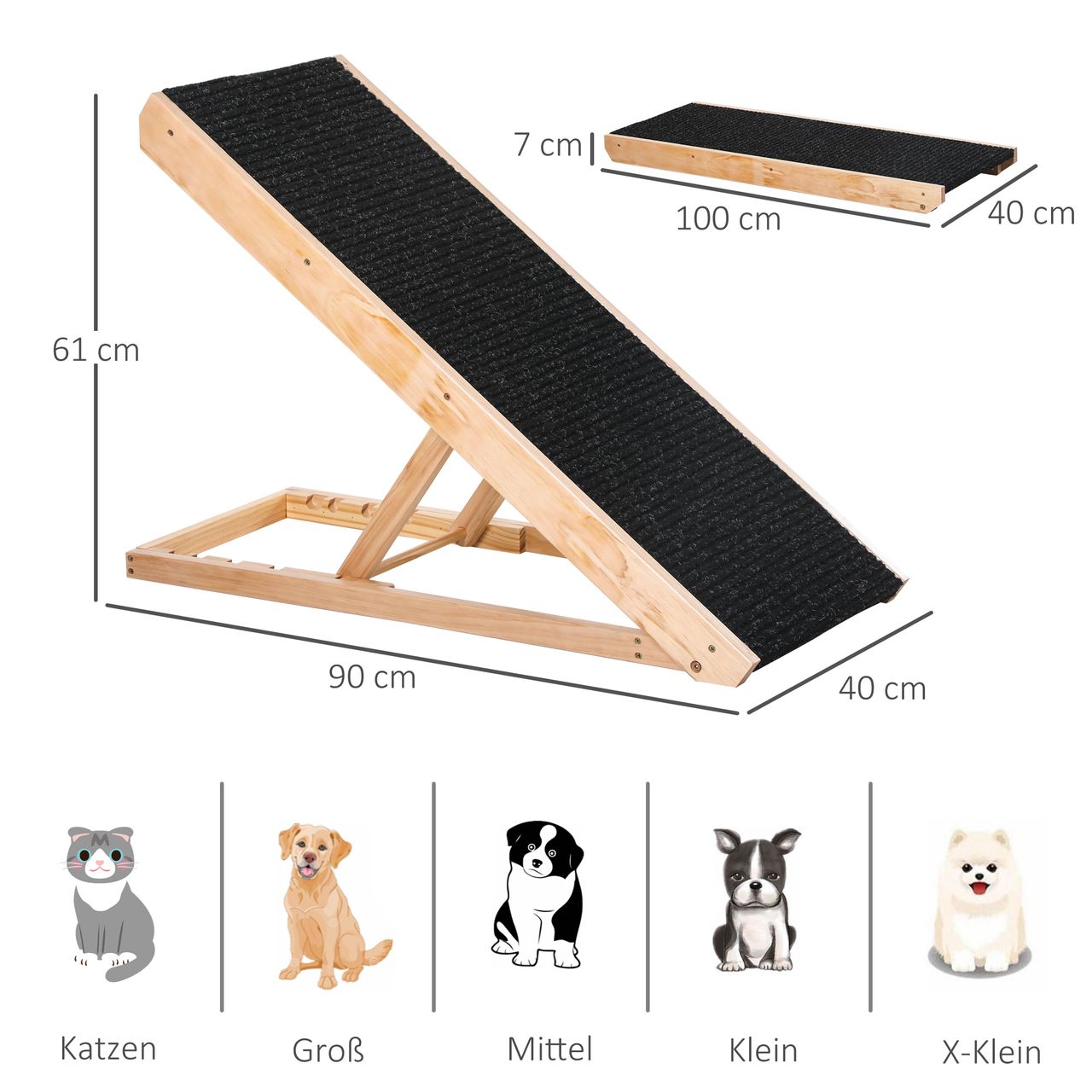 PawHut Haustierrampe mit rutschfestem Teppich verstellbarer Haustierleiter Hunderampe für großen Hund Kiefernholz Polyester Schwarz Naturholz 90B x 40T x 61H cm