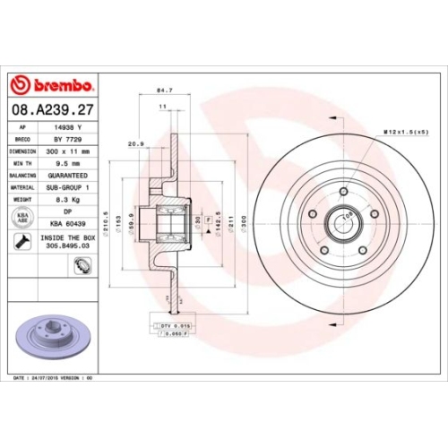 Bremsscheibe Brembo Hinterachse  1 Stück 08.A239.27 - ATU