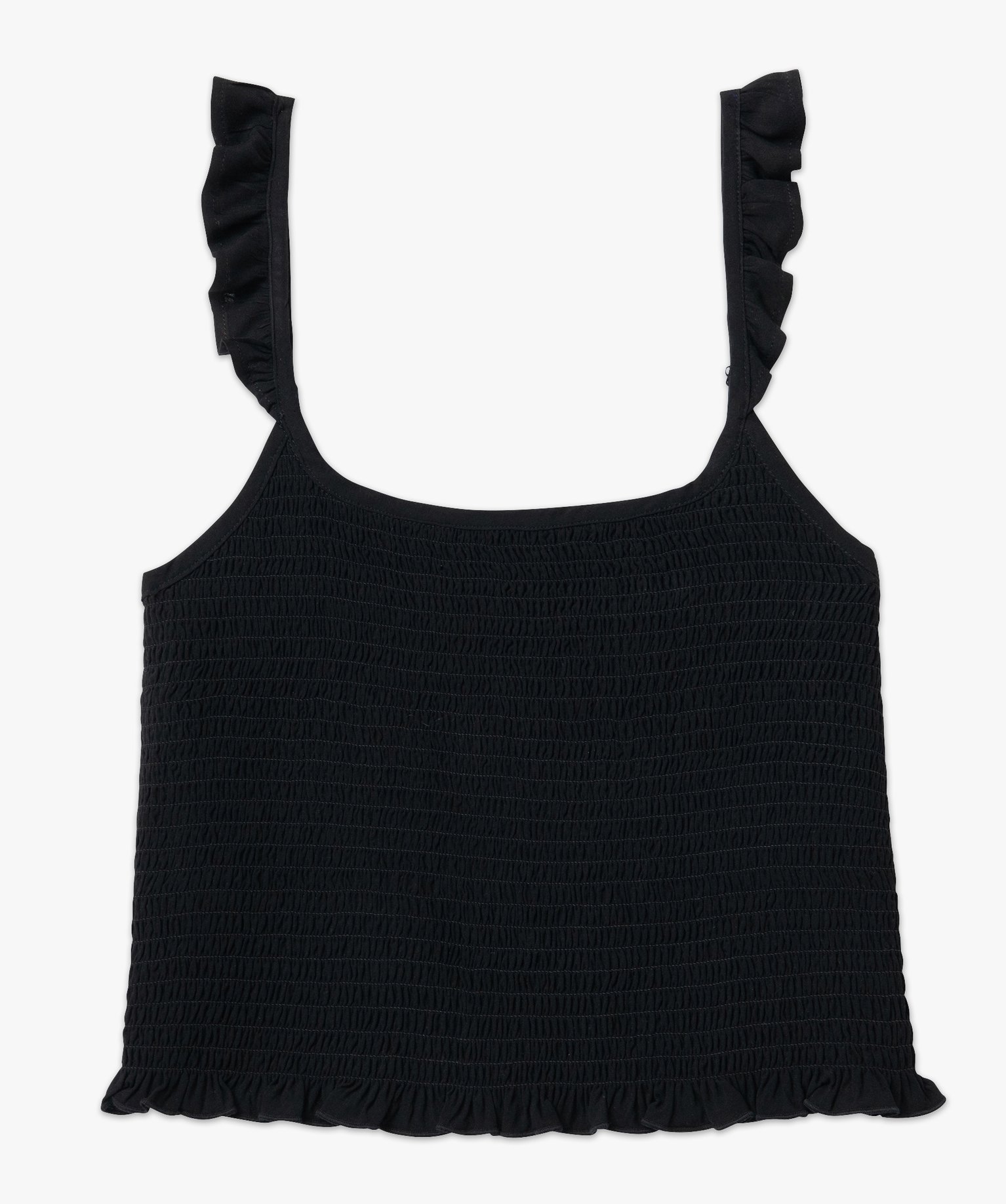 Blouse femme à bretelles volantés et coupe courte à smocks noir | GEMO