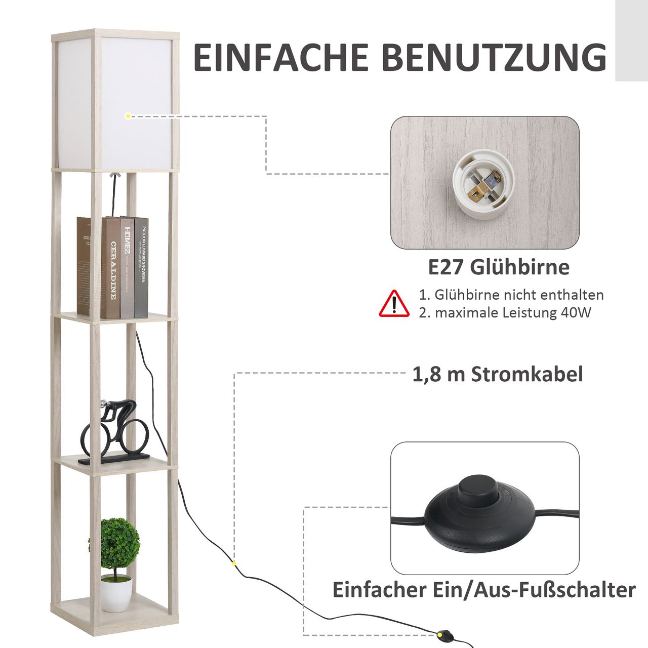 HOMCOM Stehleuchte Beleuchtung mit 3 Regalen E27 bis 40W E1-MDF Eiche Weiß