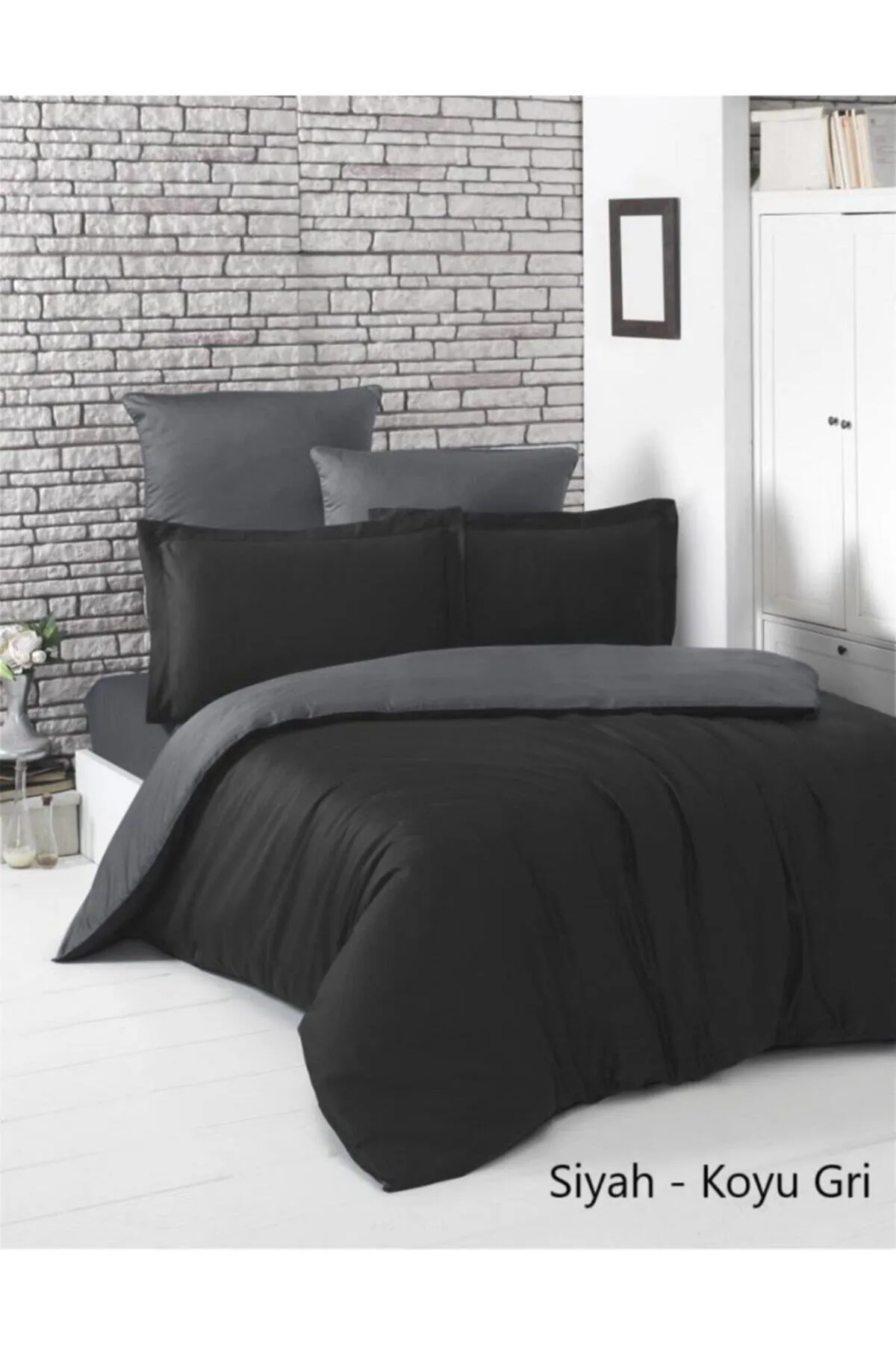 Karna Home  Karna Loft Double Mach Baumwollsatin-Bettbezug-Set, Schwarz – Dunkelgrau