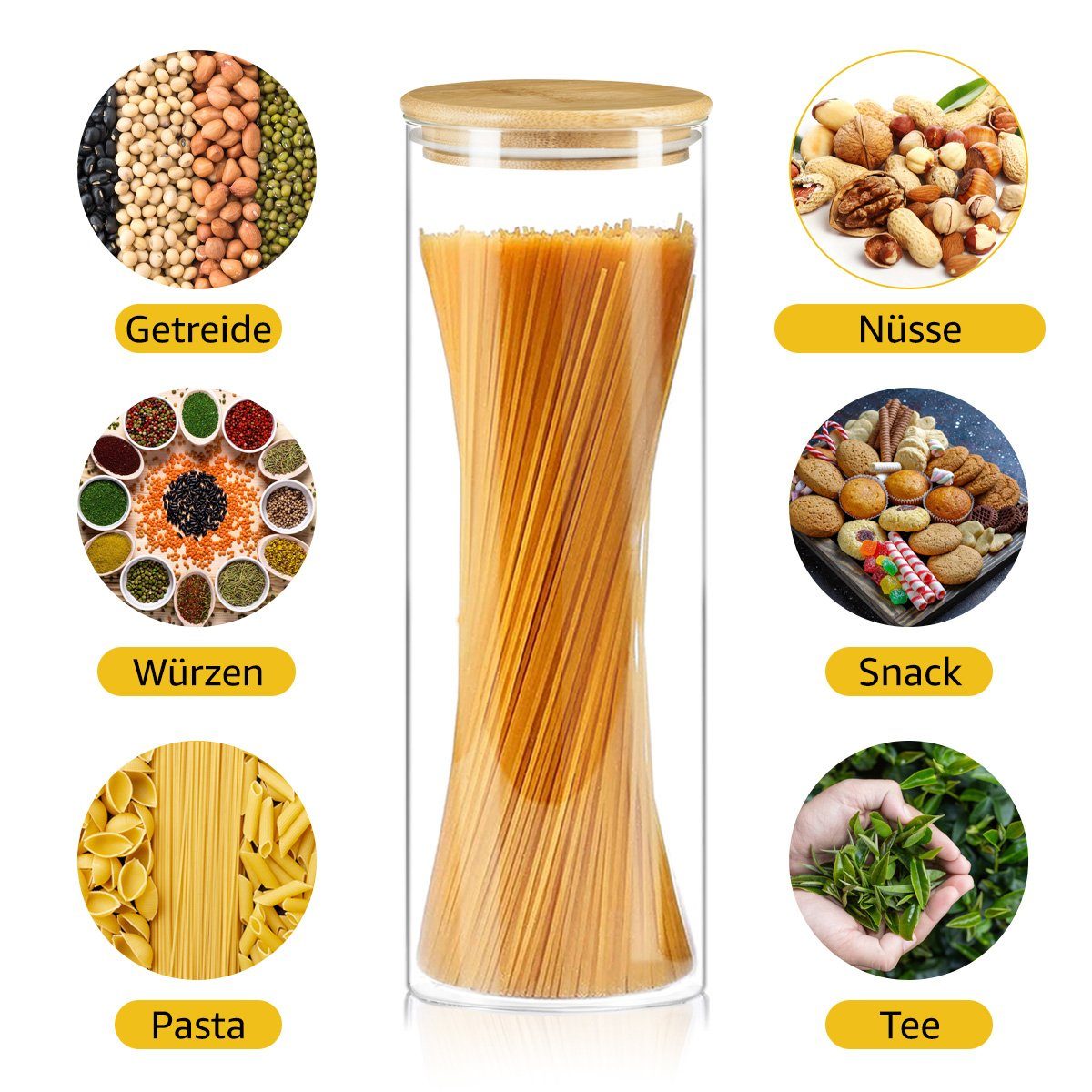 7Magic Vorratsglas, 3 Stk., 2000ml Vorratsdosen, für Spagetti, Nudeln, Körner