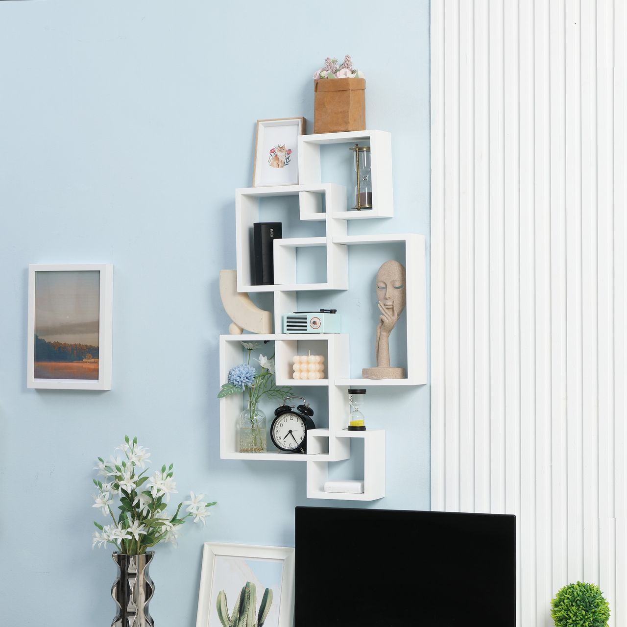 HOMCOM Wandregal Schweberegal Wandboard mit 5 ineinandergreifenden Würfel, 9 Fächer, Wanddeko für Wohnzimmer Schlafzimmer Tannenholz Weiß 49,5 x 10,2 x 86 cm