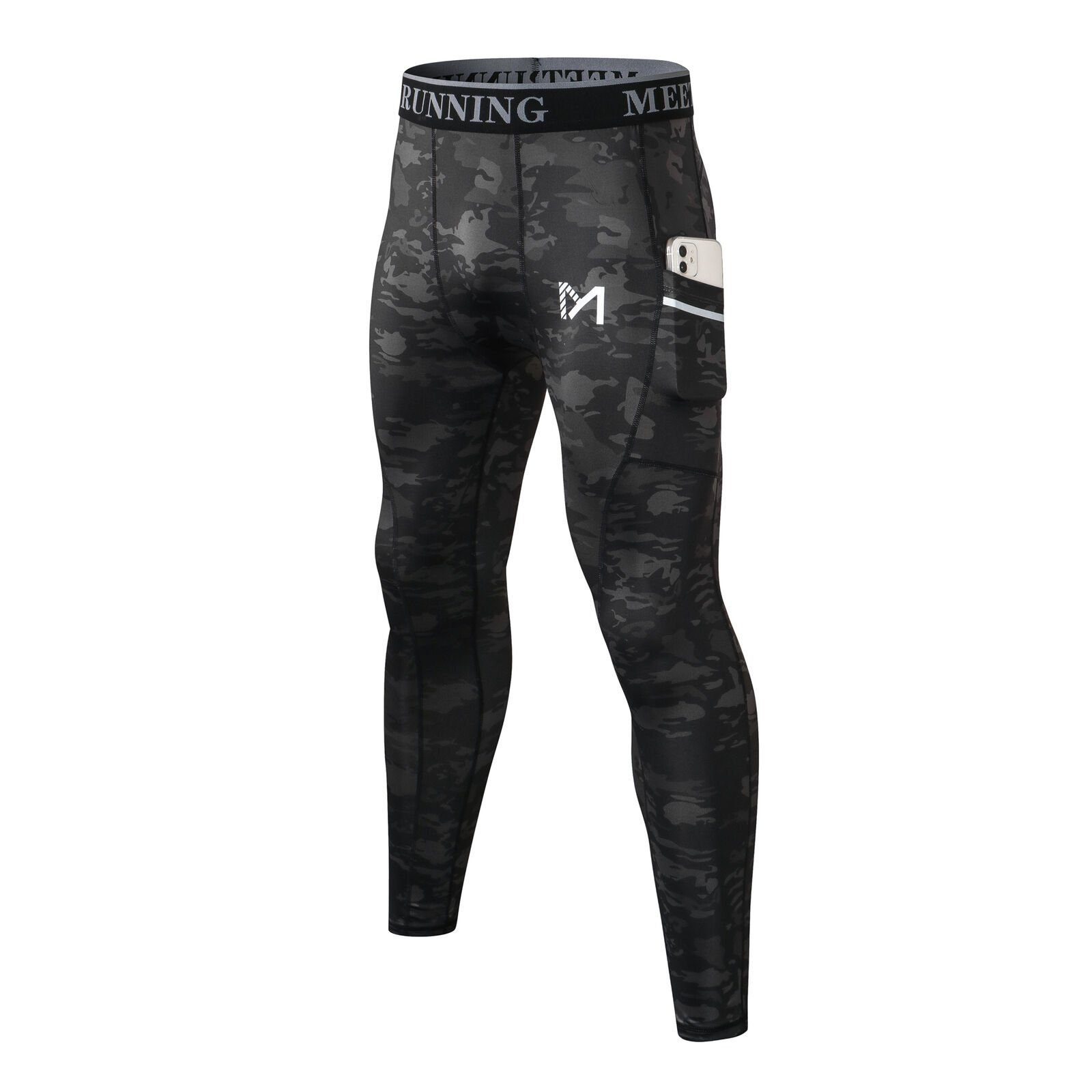 MEETYOO Trainingstights Herren lang Kompressions Laufhose (Sommer Funktions Laufhose Leggings, Training Jogginghose, Sport Fitness Tight) Mit Tasche