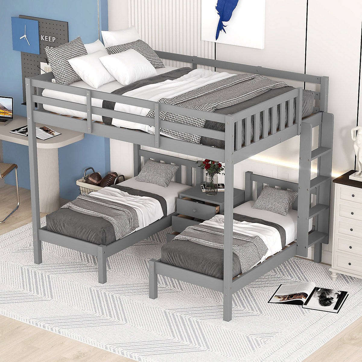 Etagenbett 90x200 Kinderhochbett mit Nachttisch, Dreibett, Massivholz, mit Schrank