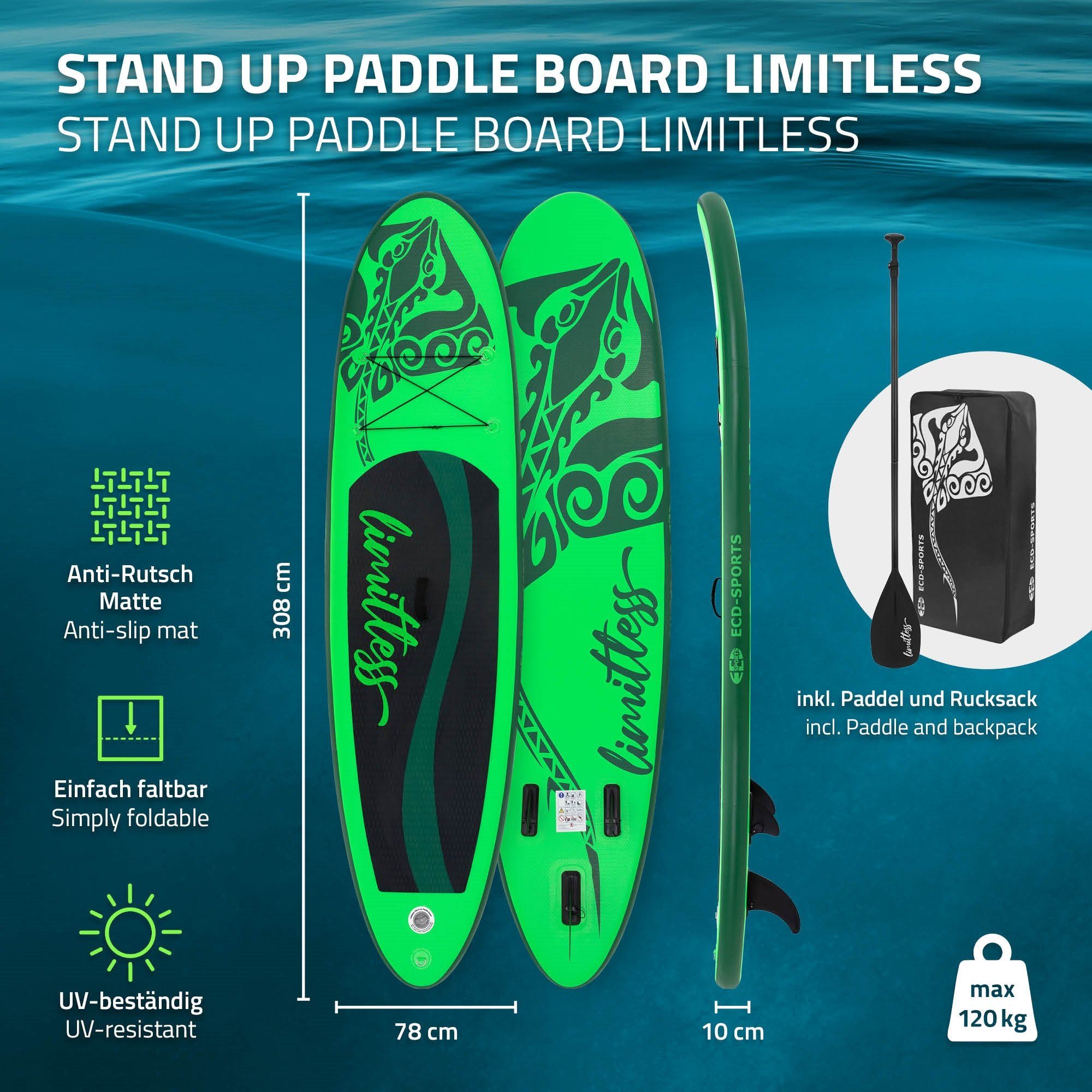 ECD Germany SUP-Board Aufblasbares Stand Up Paddle Board Limitless Surfboard, Grün 308x76x10cm PVC bis 120kg Pumpe Tragetasche Zubehör