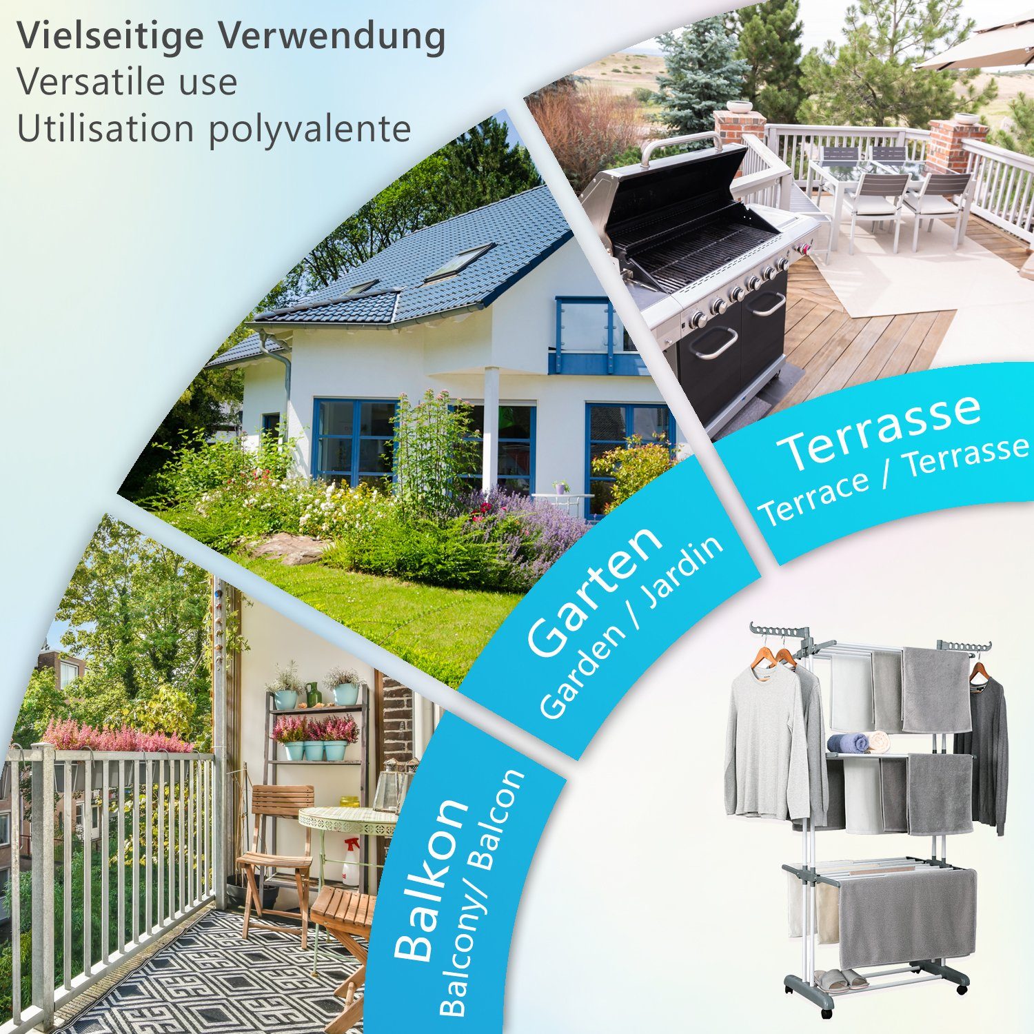 NYVI Turmwäscheständer Wäscheständer Turm LaundryFlex Turmwäscheständer Extra Groß & Stabil, Robuster Edelstahl Platzsparend Einklappbar 360° Räder 50Kg Tragkraft