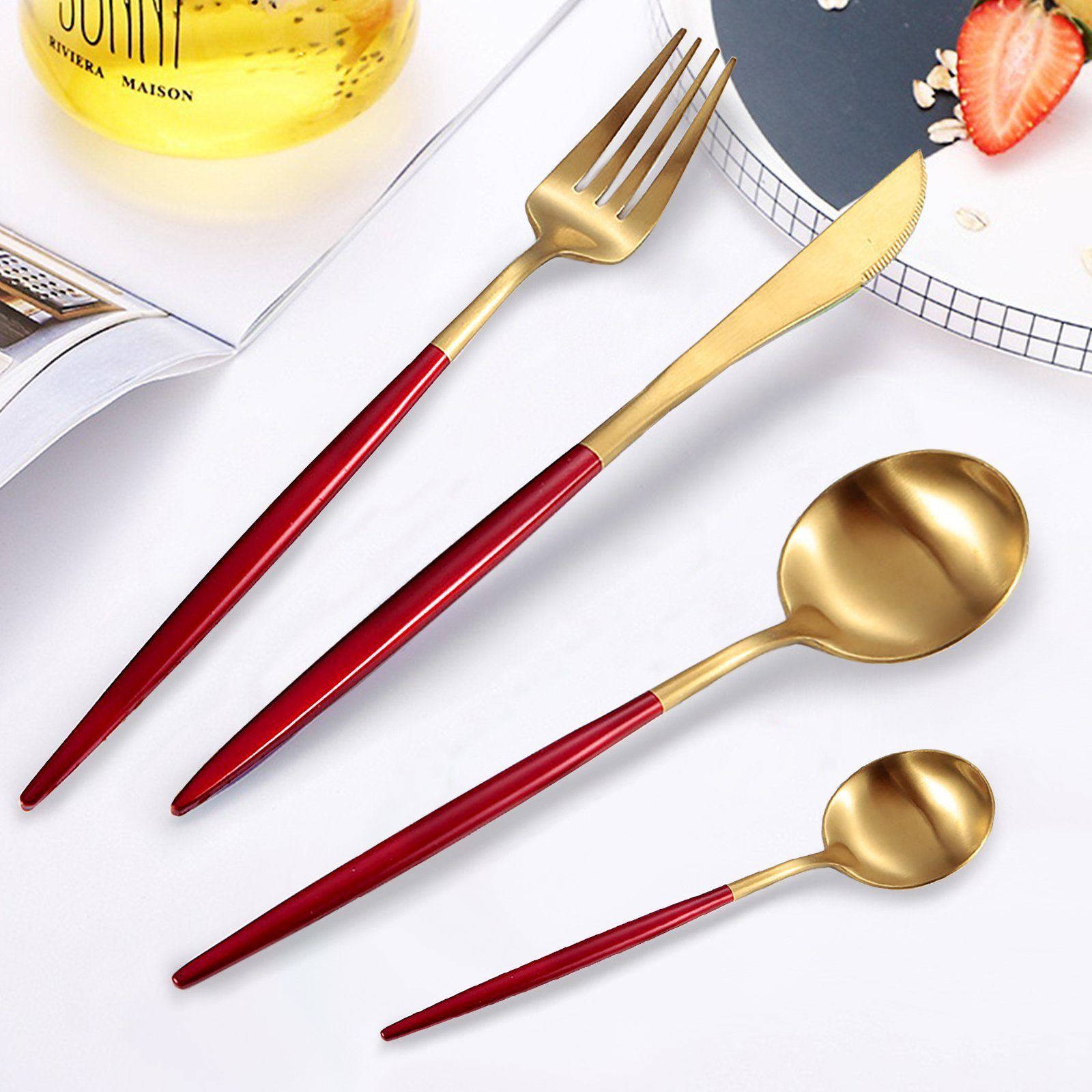 CALIYO Besteck-Set 24 Teilig Griff Edelstahl Messer Gabel Löffel Rostfrei Geschirrset Set, Gabel Löffel Geschirrset Set Spülmaschinenfest.