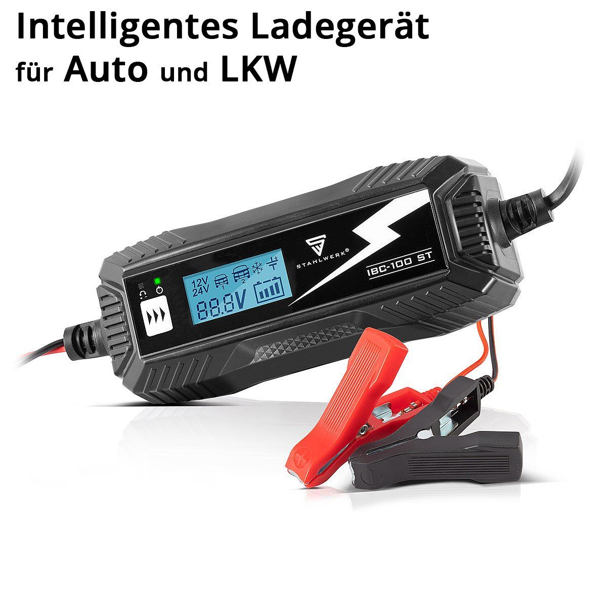 STAHLWERK Batterieladegerät IBC-100 ST mit Mikroprozessor Autobatterie-Ladegerät (Packung, 1-tlg., Das Batterieladegerät verfügt über einen Überladungs-, Polungs- und Kurzschlussschutz., und 10 Lademodi für 12V/24V AGM, VRLA, MF, SLA und GEL-Batterie