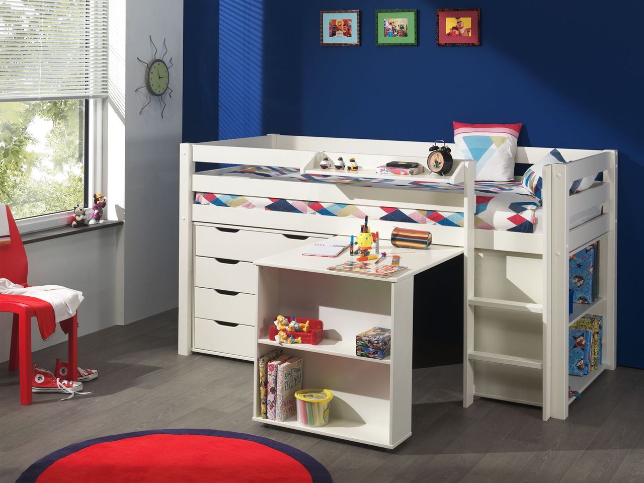 VIPACK Spielbett Pino mit Schreibtisch, Regal, Hängeregal und Schubladenkommode