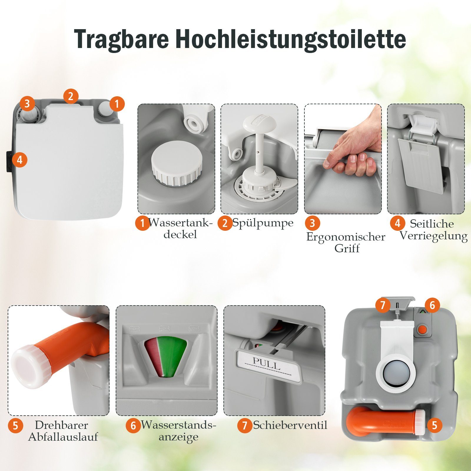 COSTWAY Campingtoilette, mit abnehmbarem Abwassertank, tragbar