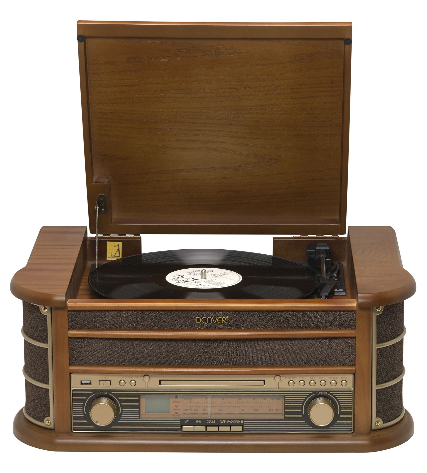 Denver MCR-50MK2 Retro Plattenspieler aus Holz mit Radio Kassette Soundbox Radioplattenspieler (Riemenantrieb, CD Player mit MP3 Wiedergabe, USB für MP3 Wiedergabe und Aufnahme, Kassettendeck auf der Seite des Geräts, AM/FM Radio mit Antenne, LCD Dis