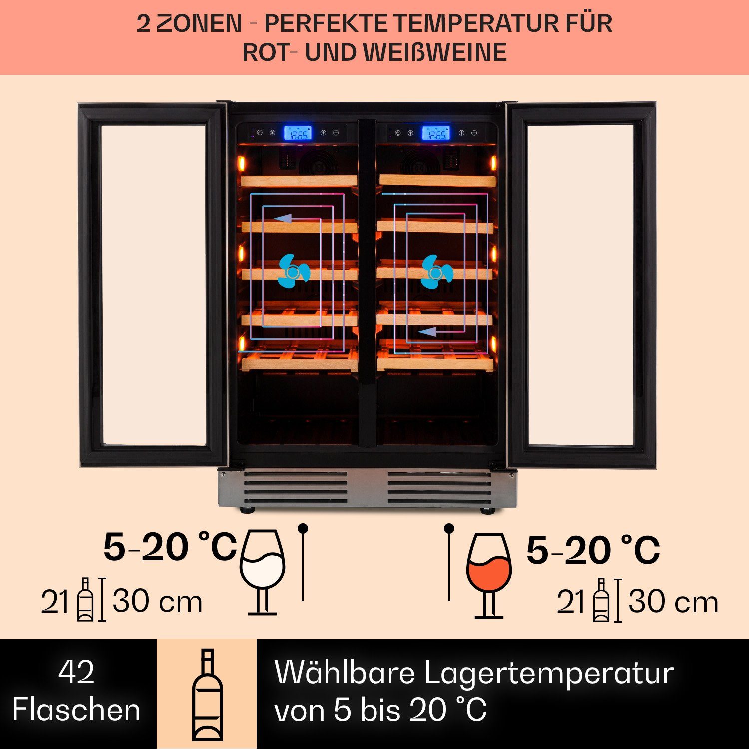 Klarstein Weinkühlschrank Vinovilla Duo 42, für 42 Standardflaschen á 0,75l,2 Zonen Wein Flaschenkühlschrank Weintemperierschrank Weinschrank