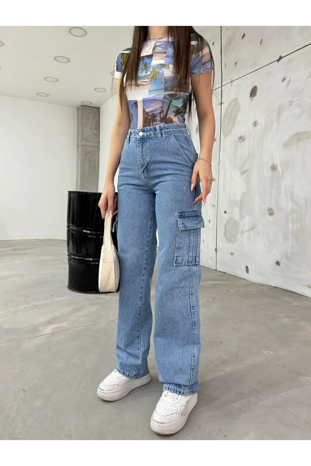 BİKELİFE  Blaue Cargohose mit hoher Taille und weitem Bein für Damen