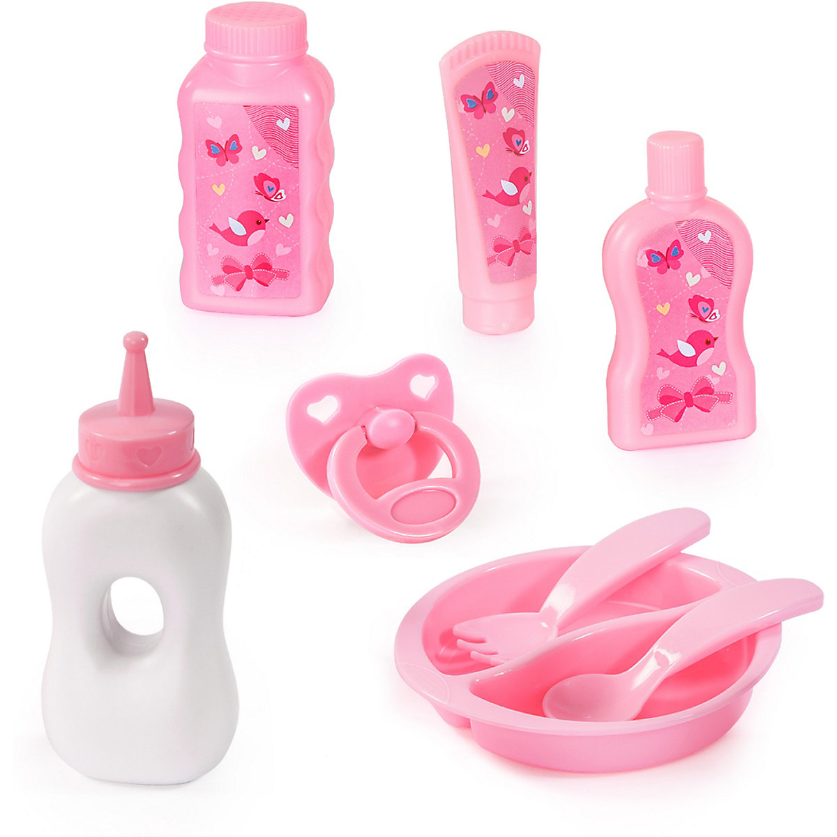 Puppen-Zubehör Set, grau - Puppenbett, Wickeltasche, Schlafsack, Fütterset