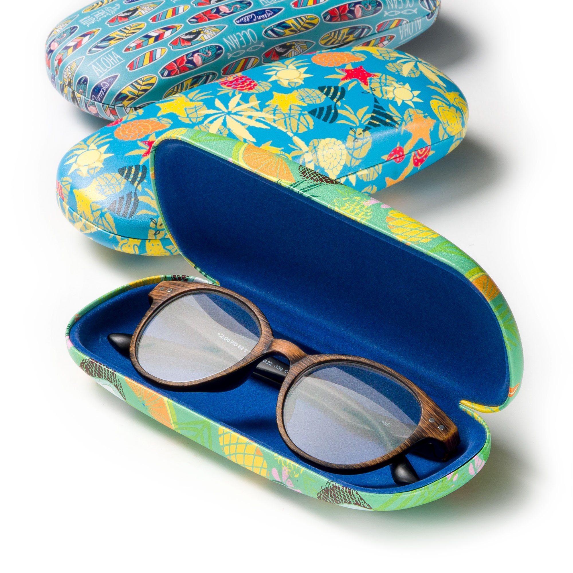 FEFI Brillenetui ALOHA - Stabiles Hardcase Etui, Set aus 1 Etui + hochwertigem Mikrofasertuch