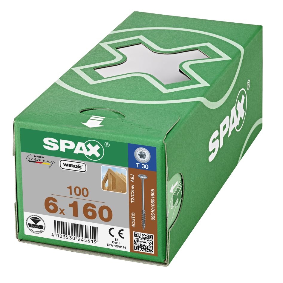SPAX 0251010601605 HI.FORCE, 6 x 160 mm, 100 Stück, Teilgewinde, Scheibenkopf, T-STAR plus T30, 4CUT, WIROX