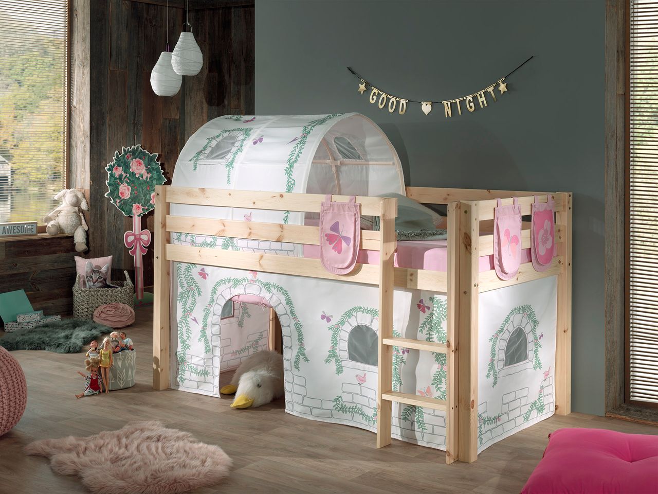 VIPACK Spielbett Pino mit Textilset Vorhang, Tunnel und 3 Taschen 