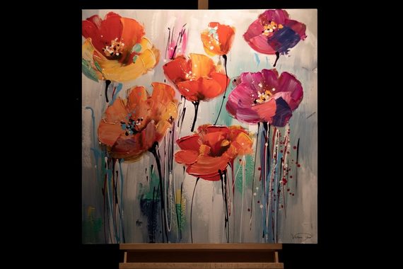 KUNSTLOFT Gemälde Bunter Blumengruß 80x80 cm, Leinwandbild 100% HANDGEMALT Wandbild Wohnzimmer
