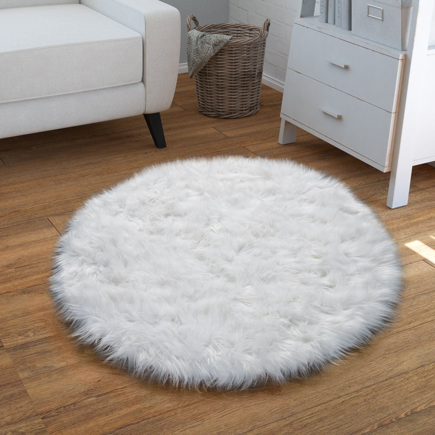 Fellteppich Wohnzimmer Hochflor Teppich Kunst-Fell Design, TT Home, rund, Höhe: 64 mm