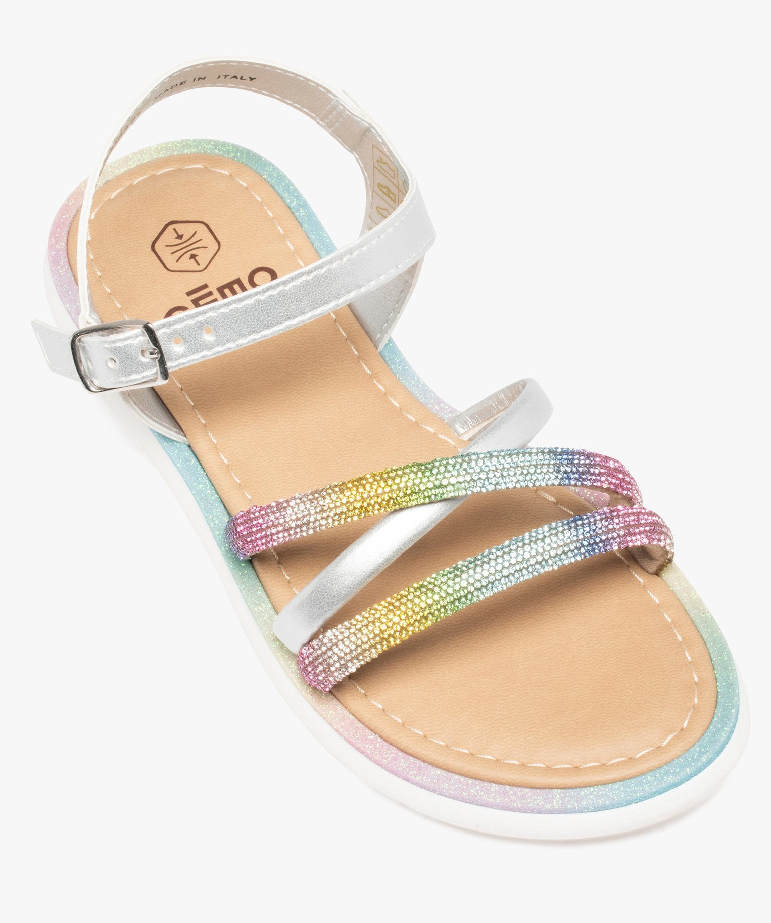 Sandales fille à paillettes et brides strass irisées argent | GEMO