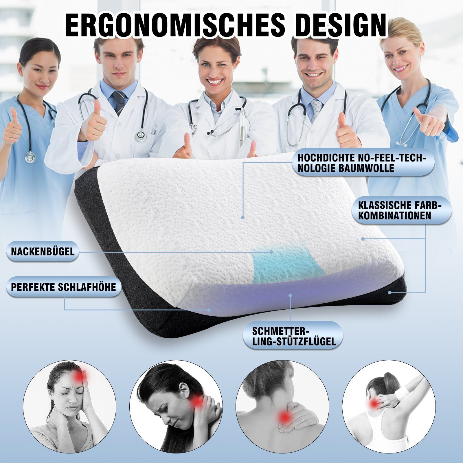 Nackenstützkissen Nackenstützkissen höhenverstellbar für nackenschmerzen und schulter, Elegear, Füllung: Memory-Foam, Bezug: Modalstoff, Rückenschläfer, Seitenschläfer, Bauchschläfer, 60X34cm Kopfkissen, Schlafkissen mit Bezug