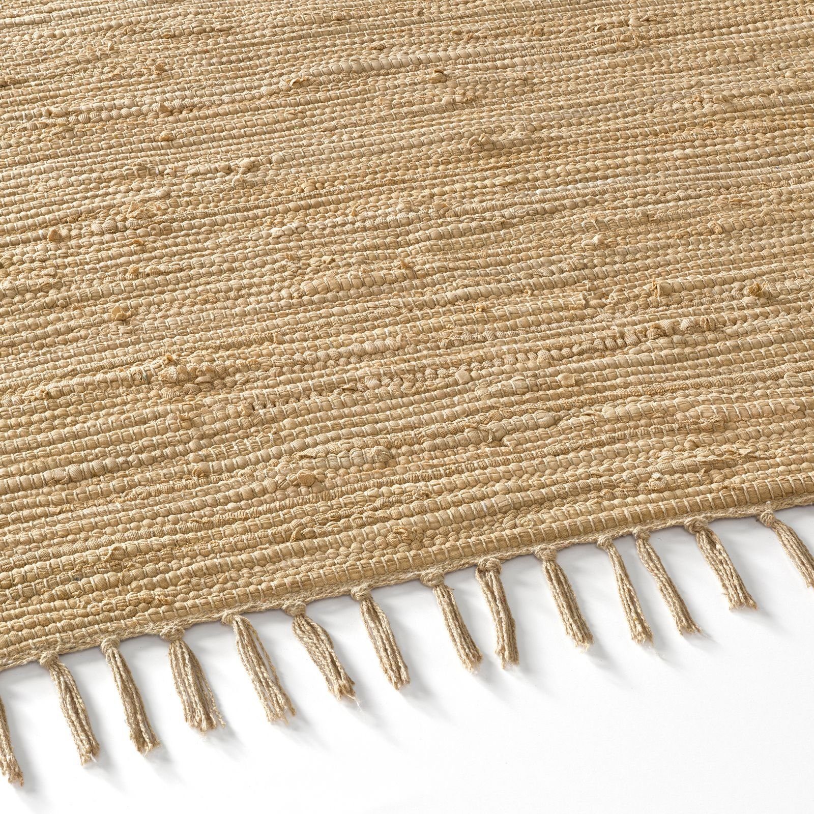 Teppich Flickenteppich TaraCarpet Sylt mit Fransen, TaraCarpet, rechteckig, Höhe: 5 mm, Wohnzimmer Schlafzimmer Küchenteppich nachhaltig beige 060x090