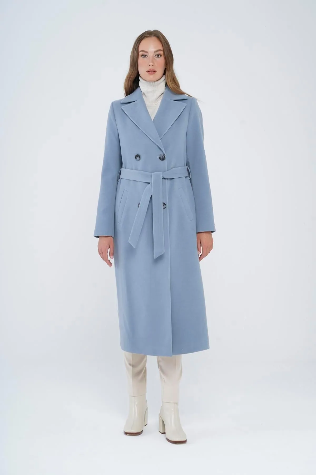 Concept.  Zweireihiger, an der Taille gebundener, mittellanger Mantel, Blau 3754