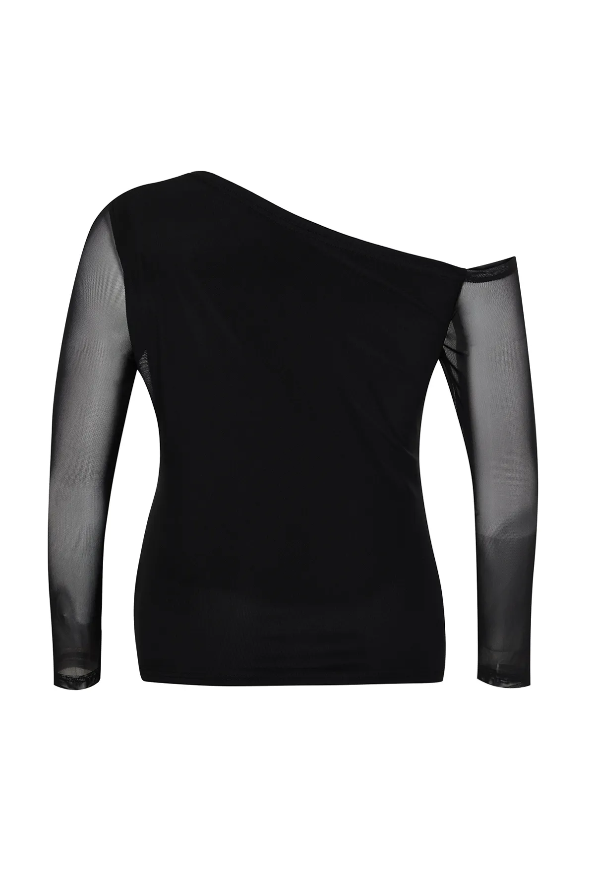 Trendyol Curve  Schwarze, mit Tüll gefütterte Strickbluse mit asymmetrischem Kragen TBSSS24AF00025