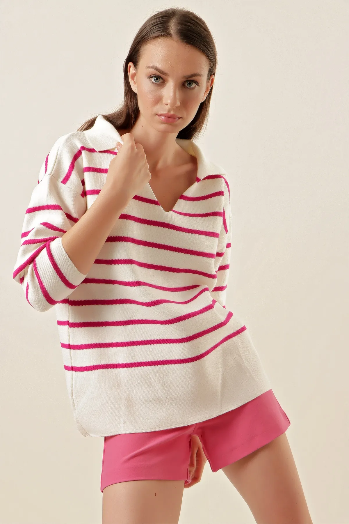 Bigdart  15778 Gestreifter Oversize-Pullover – Fuchsia