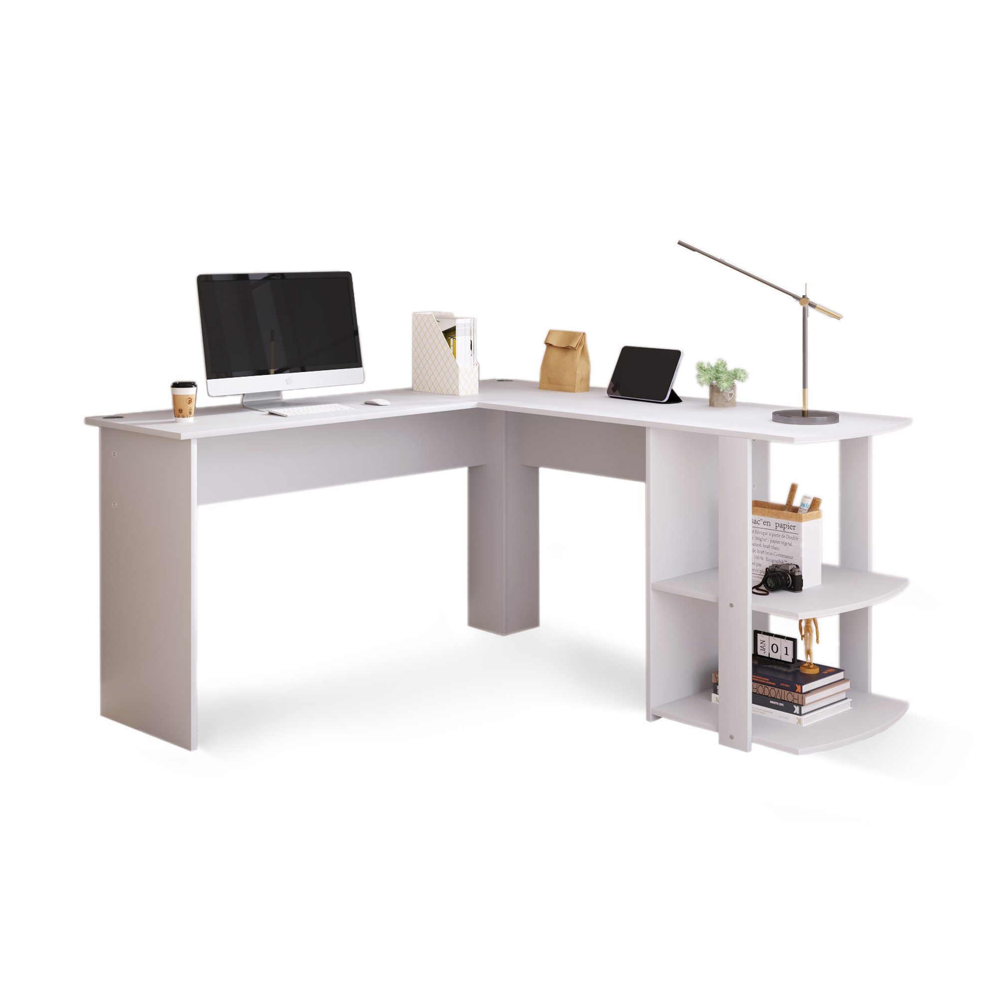 HAUSS SPLOE Schreibtisch Eckschreibtisch L-Förmig Bürotisch Arbeitstisch (140cm mit 2 Ablagen), Computertisch L-förmiger Eckschreibtisch, Weiß
