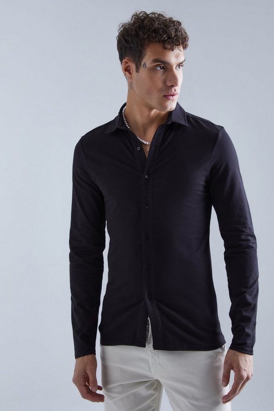 Langarm Muscle Fit Jersey-Hemd