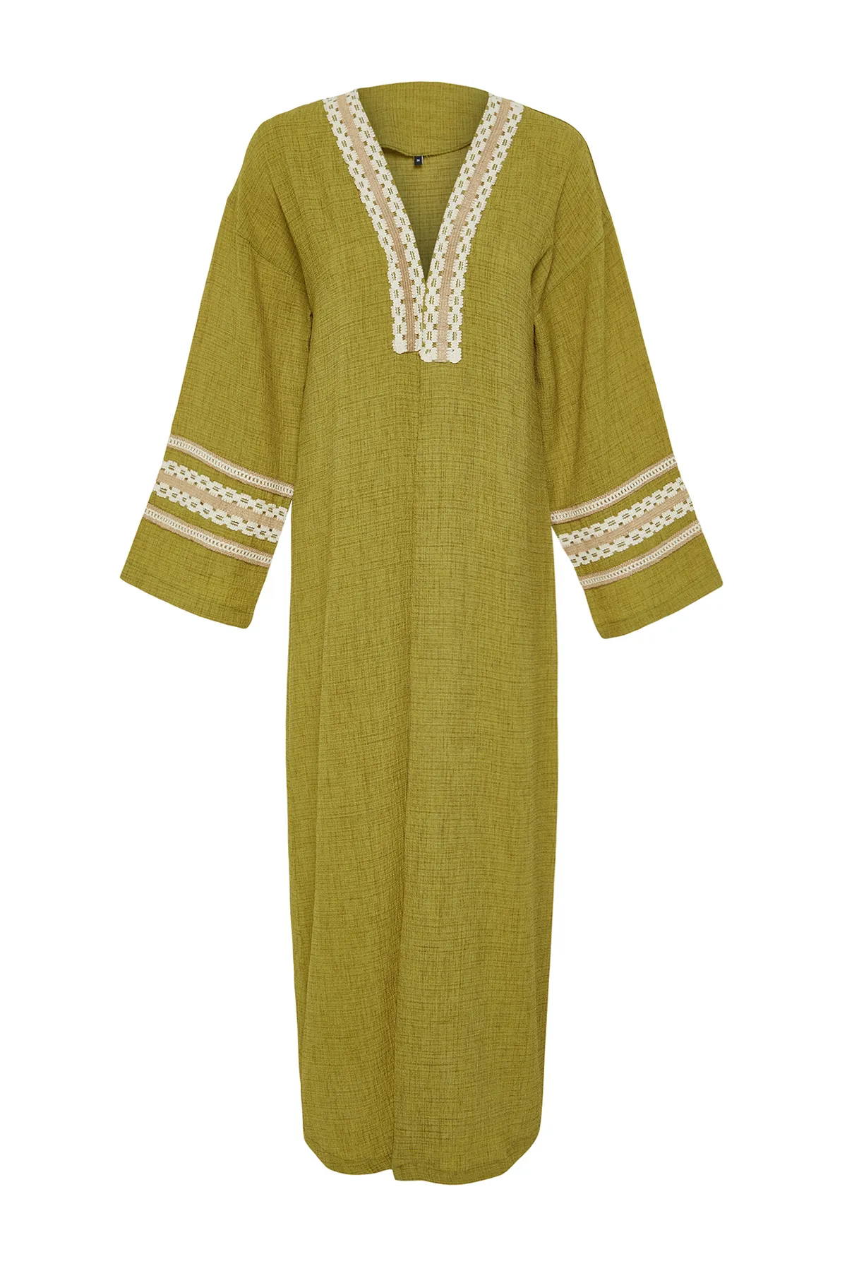 Trendyol Modest  Langer, gewebter Kimono, Kaftan und Abaya mit Ölgrün-Stickerei und detaillierten Details TCTSS24KF00006