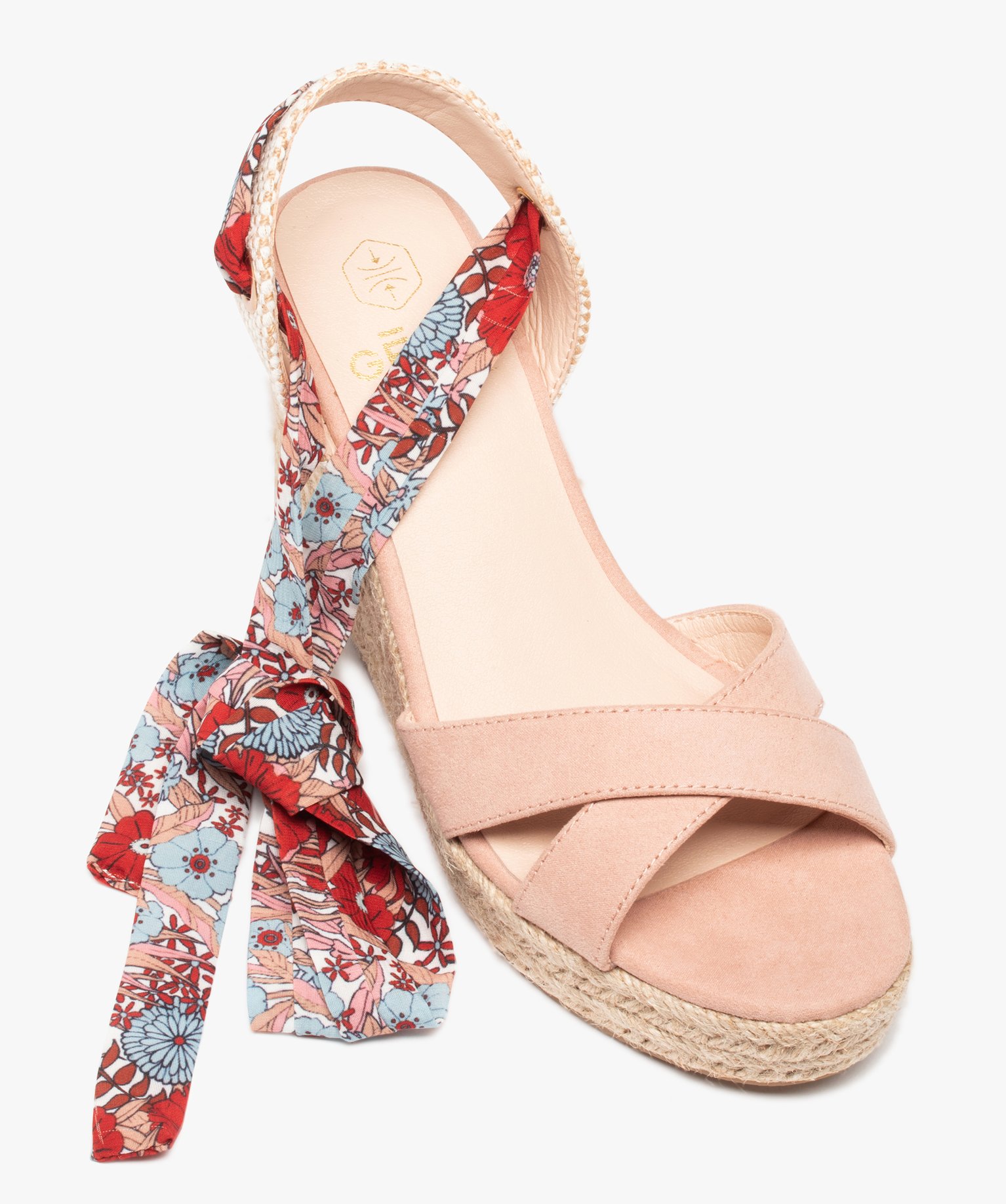 Sandales femme compensées en suédine et bride foulard rose | GEMO