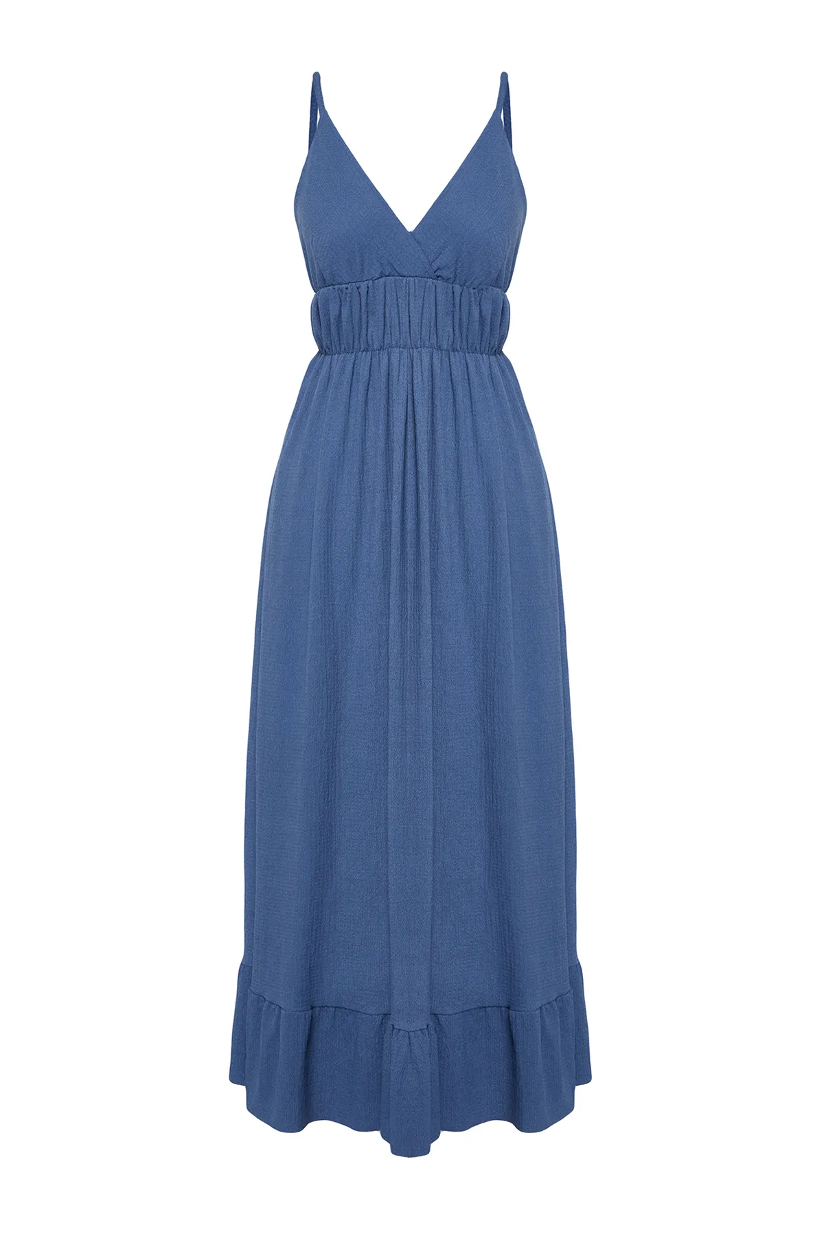 Trendyol Collection  Indigo Uni Rock Rüschen V-Ausschnitt Träger Maxi Gerippt Flexibel TWOSS24EL00416