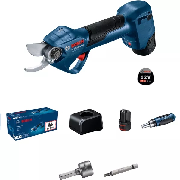 Sécateur sans fil Bosch Blue 06008D8100 GGP 12V-25, coffret comprenant 2 batteries 3,0 Ah et un chargeur rapide.