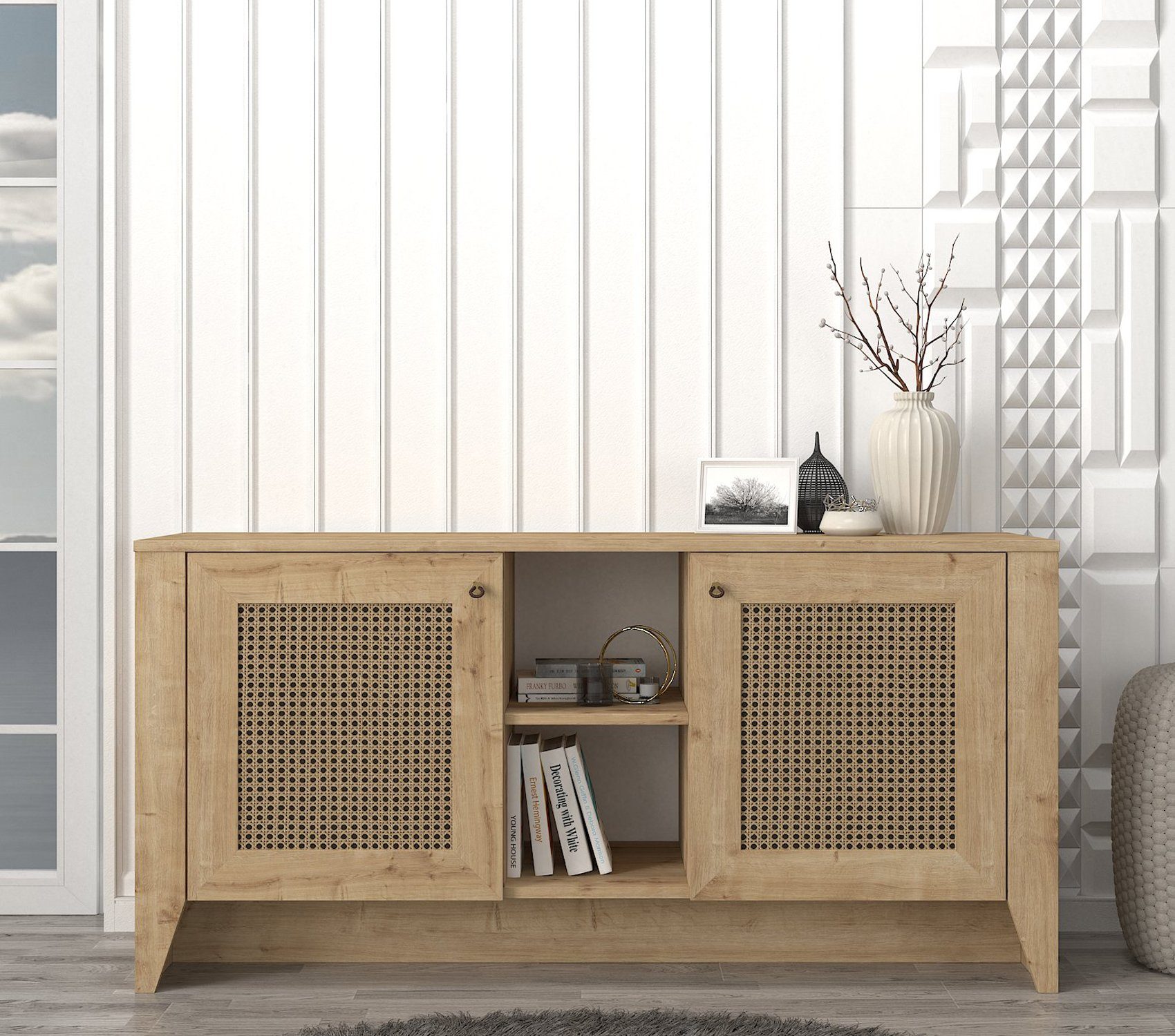 moebel17 Anrichte Sideboard Madura Saphir Hazeran, Sideboard aus Holzwerkstoff in Saphir - Hazeran Muster, Die Kommode bietet viel Stauraum für Geschirr, Porzellan oder andere Wohnutensilien, Ein echter Blickfang für Ihr Wohnzimmer, Schlafzimmer, Küc
