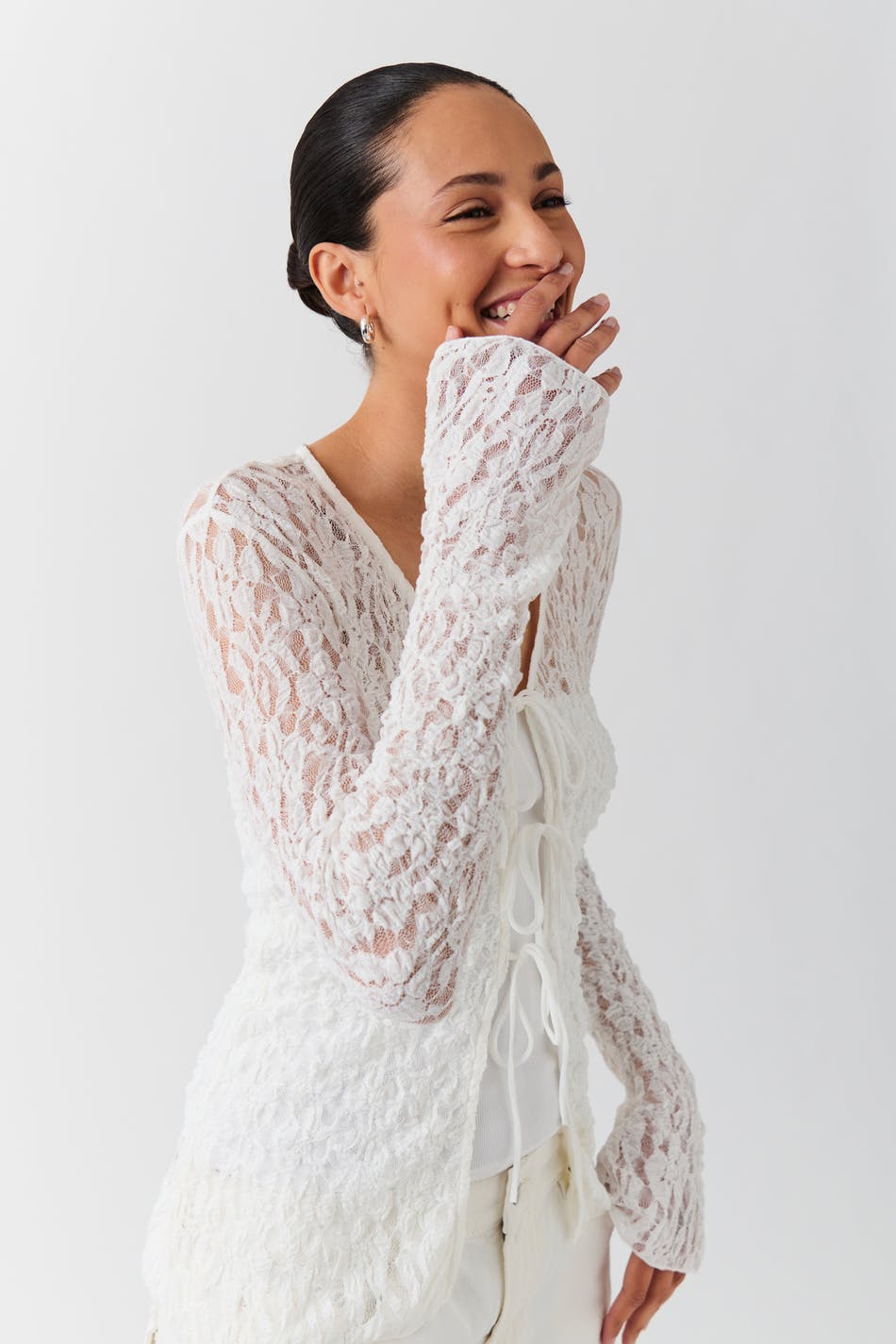 Tie front lace top