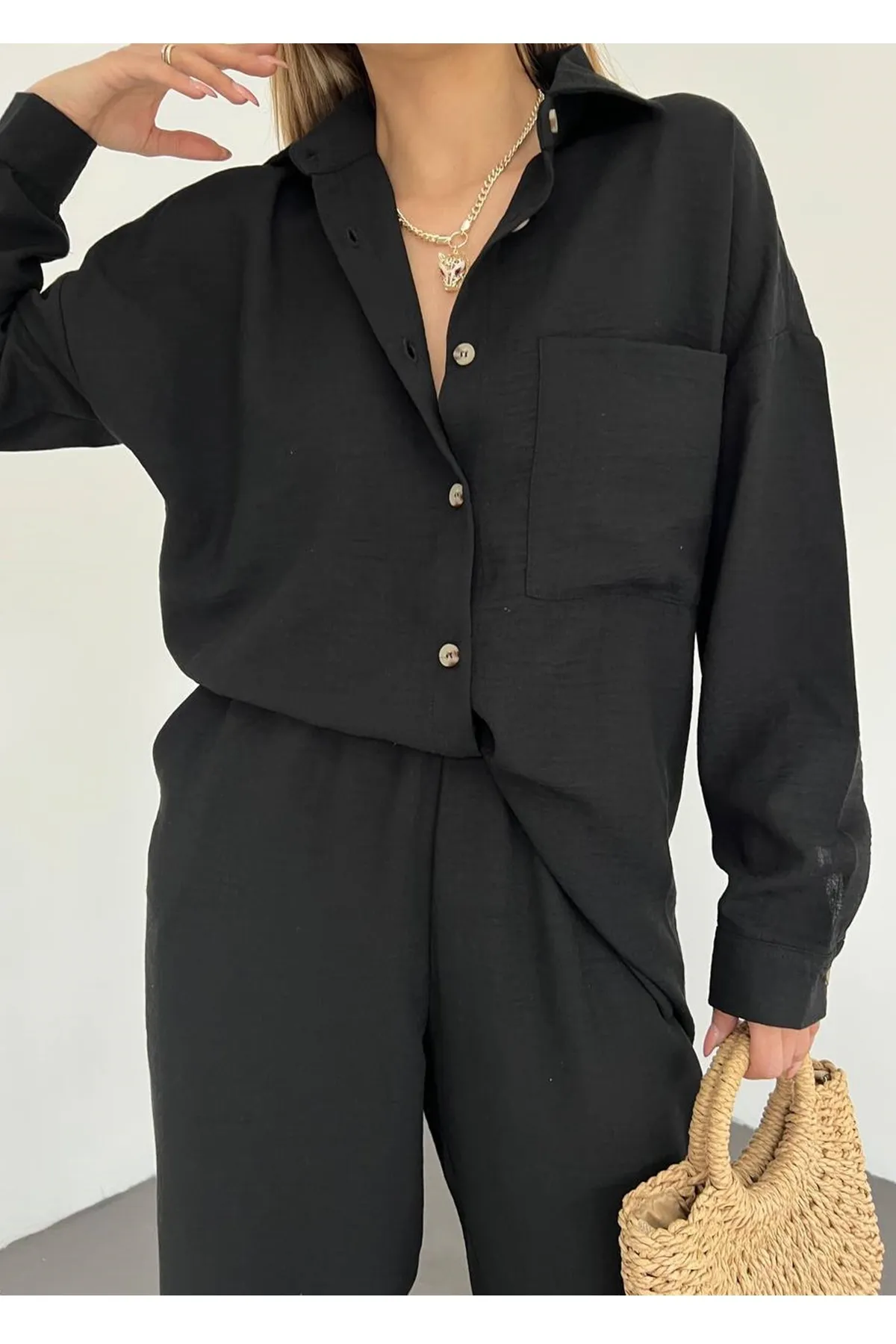 lovebox  Damen-Set aus Leinenstoff mit Taschendetail, Übergröße, doppeltes schwarzes Hemd und Hose, 10277